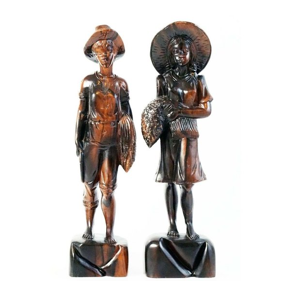 Carved Dark Wood Figurines Farm Boy & Girl